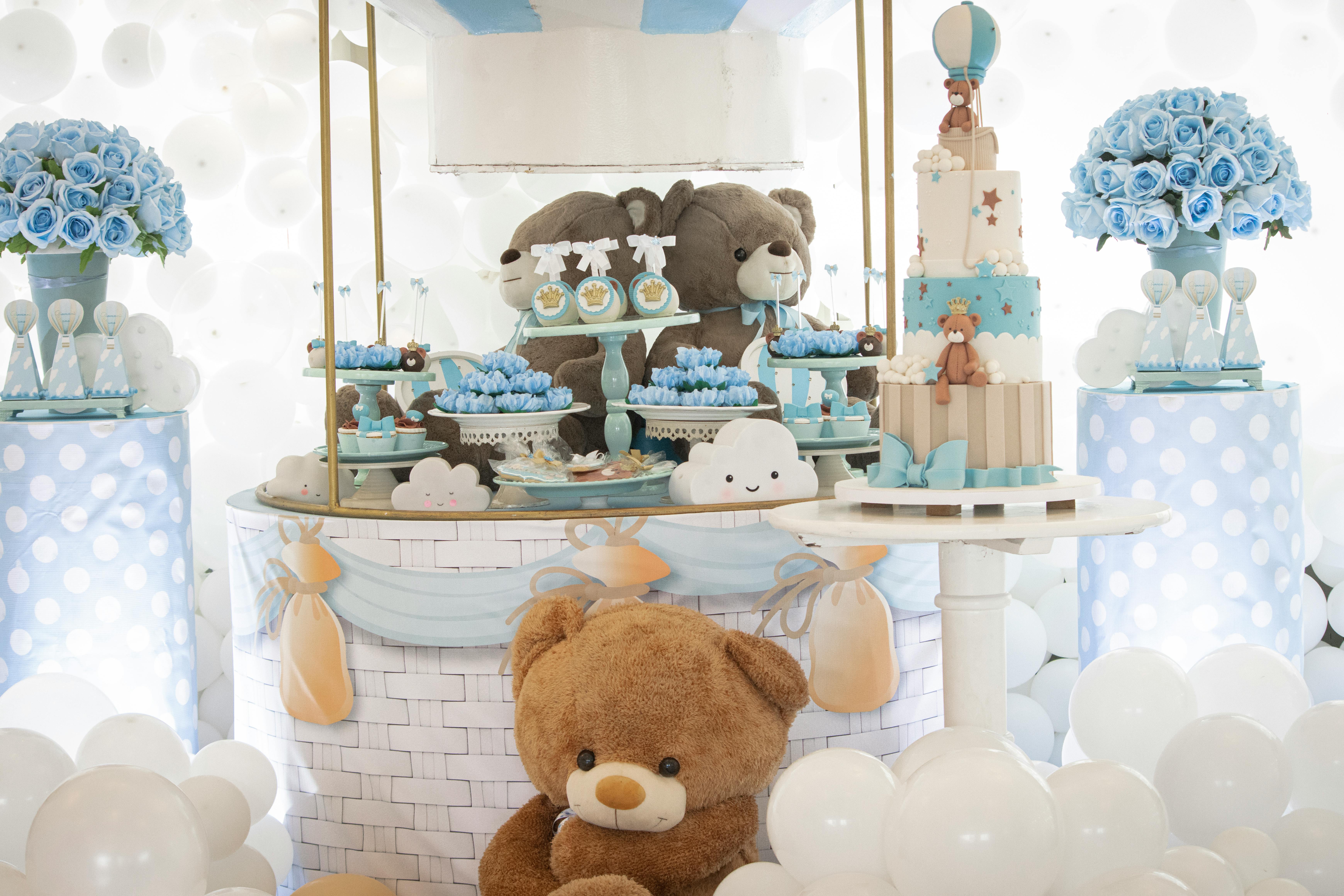 Elegant baby shower setup with balloons and backdrop